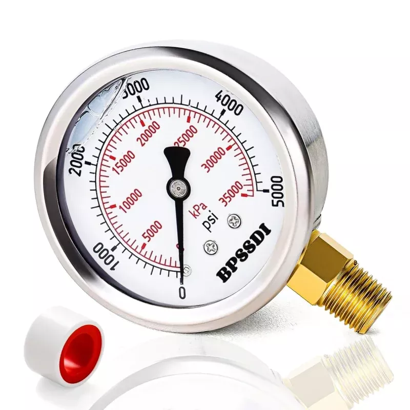 0-5000 Psi Glycerin Liquid Filled Hydraulic High Pressure Gauge, 2.5" Dial Size, 1/4" NPT Lower Mount, 304 Stainless Steel Case