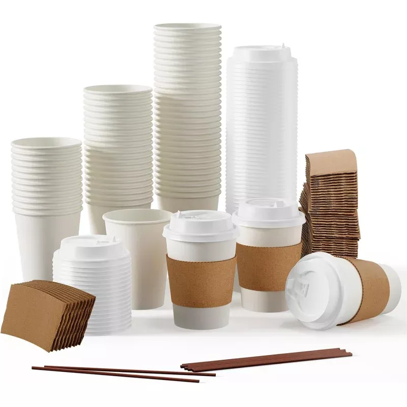 [100 Pack] 12 oz Paper Coffee Cups, Disposable Paper Coffee Cup with Lids, Sleeves, and Stirrers, Hot/Cold Beverage Drinking Cup for Water