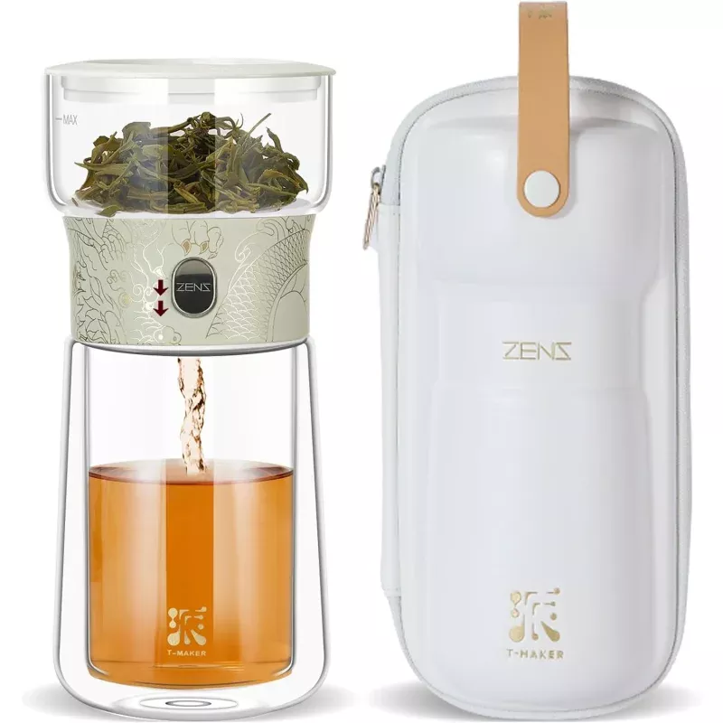 ZENS Glass Tea Infuser Pot, Modern One Touch Tea Maker for Tea Steeping | Loose Tea Diffusers, Magic Tea Pot with 9oz Insulated Mug and Portable Bag for Tea Lovers Gifts, Dragon