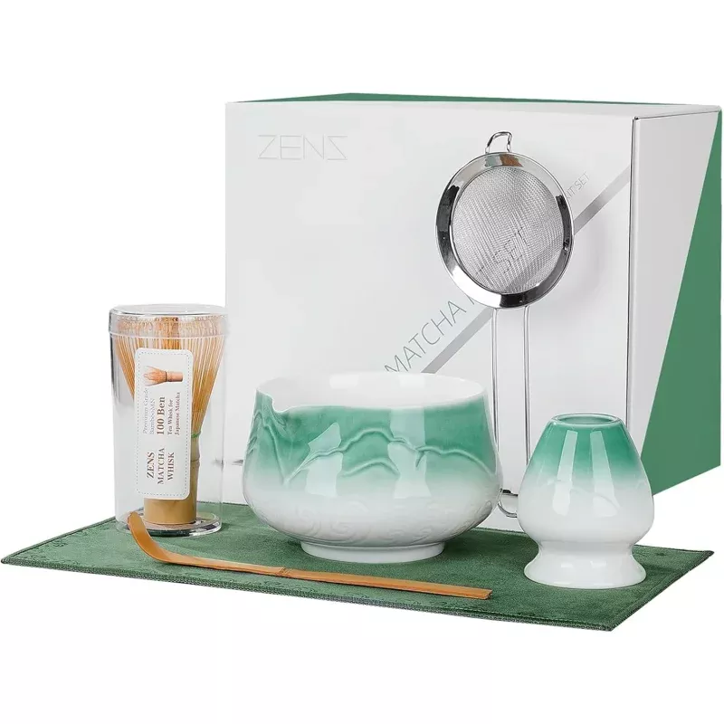 ZENS Matcha Whisk Set, Ceramic Matcha Set Includes Matcha Bowl, Matcha Whisk and Holder, Bamboo Scoop, Stainless Sifter & Tea Towel - 6Pcs Matcha Kit for Matcha Ceremony, Blue